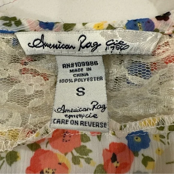 American Rag Cie Cottagecore Floral Tie Back Sheer Peasant Top Womens Small Lace - Picture 5 of 7